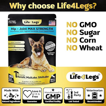 Life4Legs - Soft Chews Hip and Joint Supplement for Dogs - Dog Joint Pain Relief Treats - Glucosamine, Chondroitin, Turmeric- Mobility Bites Supplement