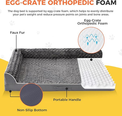 Dog Bed Large Sized Dogs, XXL Orthopedic Dog Bed for Large Dogs, Waterproof Pet Bed with Washable Removable Cover, L-Shaped Pet Couch with Portable Handle 48"x35"x7.5", Dark Grey