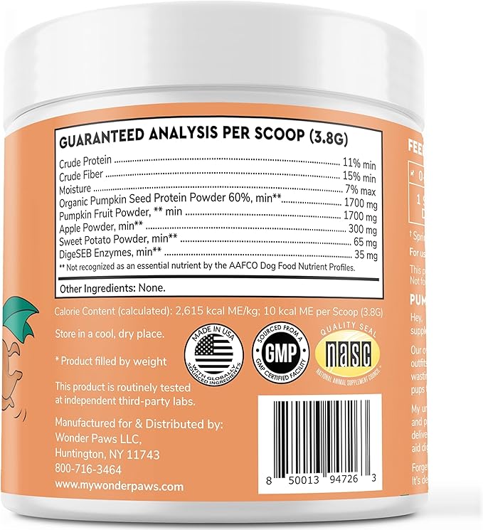 WONDER PAWS Organic Pumpkin for Dogs – with Apple, Sweet Potato & Enzymes – Supports Digestion, Stool & Gut Health – Use as Fiber Topper or Mix with Water for Pumpkin Puree