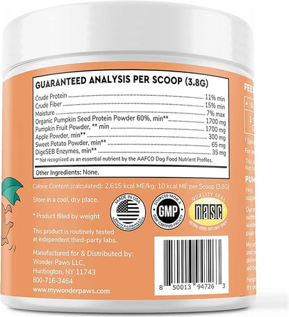 WONDER PAWS Organic Pumpkin for Dogs – with Apple, Sweet Potato & Enzymes – Supports Digestion, Stool & Gut Health – Use as Fiber Topper or Mix with Water for Pumpkin Puree