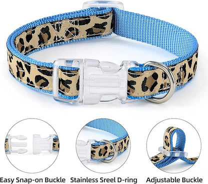 Mile High Life Leopard Dog Harness Collar Leash Set, Adjustable No Pull Dog Halter Harness for Small Breed Dogs, Easy Control for Training Walking (Blue, S Chest 11"-18", Neck 10"-14")