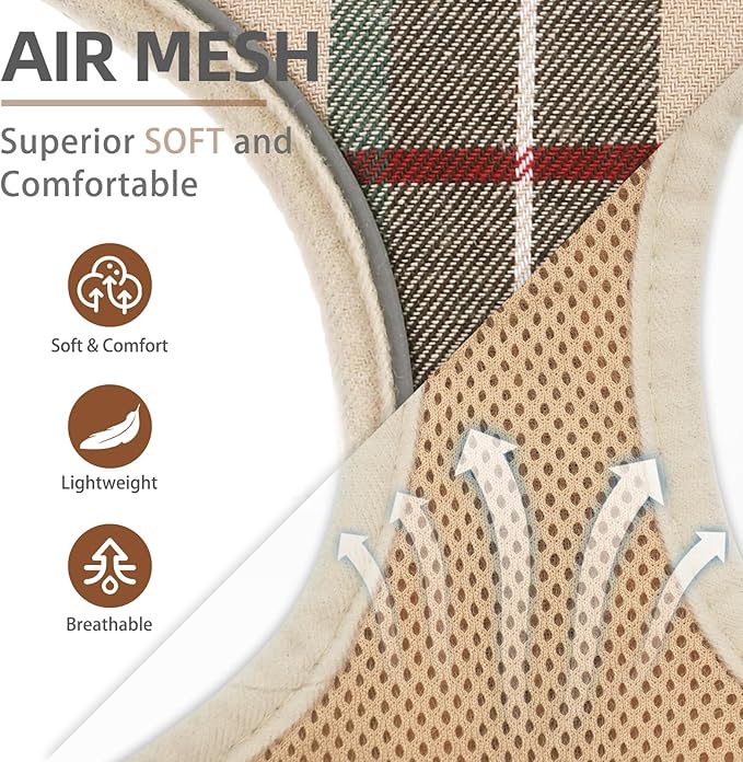 PUPTECK Soft Mesh Dog Harness Small Sized and Leash Set Pet Puppy Cat Comfort Padded Vest No Pull Harnesses, Beige Plaid, M