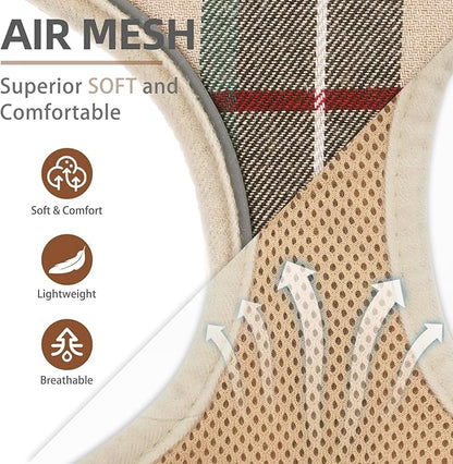 PUPTECK Soft Mesh Dog Harness Small Sized and Leash Set Pet Puppy Cat Comfort Padded Vest No Pull Harnesses, Beige Plaid, S