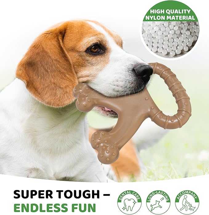 IPTPAS Durable Dog Chew Toy for Aggressive Chewers, Indestructible Nylon Bone with Beef Flavor, Dog Toy for Dental Care and Teeth Cleaning, Anxiety Relief for Small, Medium, and Large Dogs (Brown)