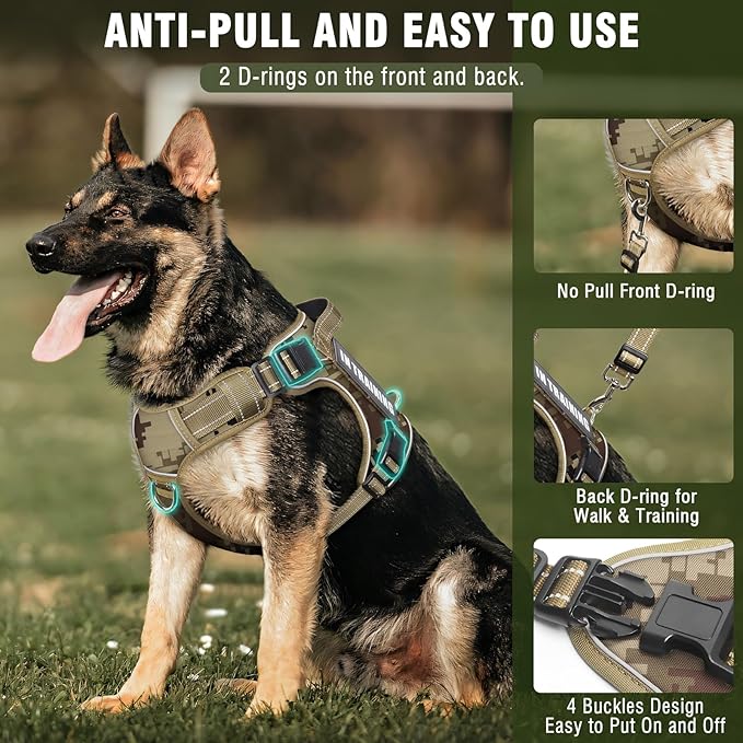 MOOGROU Tactical Dog Harness and Leash Set for Large Dogs,Heavy Duty No Pull Service Dog Vest and 10 Patches with Dog Seat Belt,Reflective Adjustable Pet Harness for Training Walking Hiking Camo L