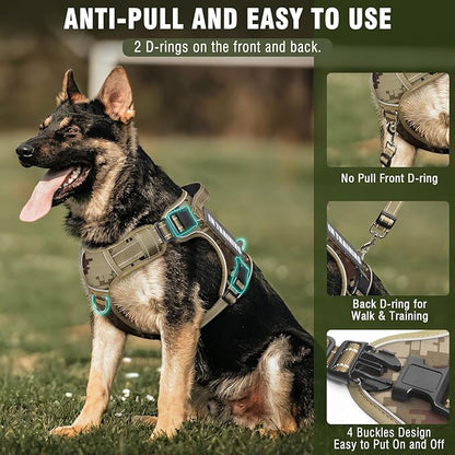 MOOGROU Tactical Dog Harness and Leash Set for Large Dogs,Heavy Duty No Pull Service Dog Vest and 10 Patches with Dog Seat Belt,Reflective Adjustable Pet Harness for Training Walking Hiking Camo L