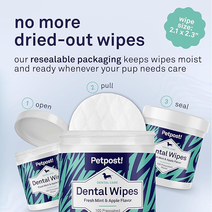 Petpost Dental Wipes for Dogs | 100 Count Presoaked Pads in Natural Tooth Cleaning Solution | Bad Breath and Tooth Buildup Remover