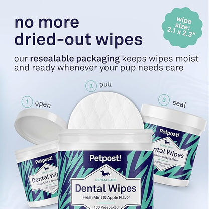 Petpost Dental Wipes for Dogs | 100 Count Presoaked Pads in Natural Tooth Cleaning Solution | Bad Breath and Tooth Buildup Remover