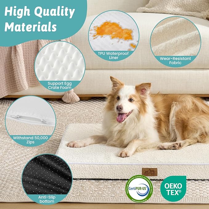 COZY KISS Big Dog Bed for Giant Dogs, Rectangular XXL Orthopedic Dog Beds Extra Large, Foam Anti-Slip Bottom Pet Mat with Washable Removable Cover, Suitable for Pet Up to 150 lbs, 54x44x4 inch, Beige