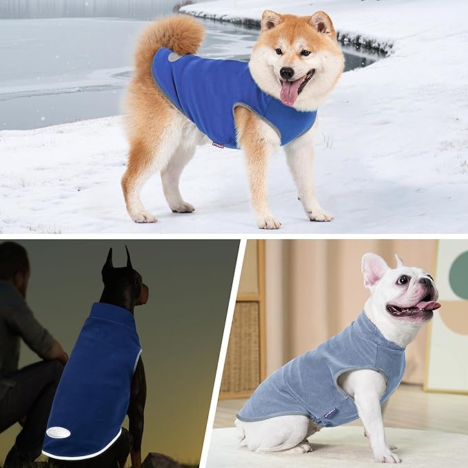 Cyeollo 2 Pack Fleece Dog Sweater Stretchy Vest Pullover Jacket with Reflective Stripe for Small Medium Dogs Blue, Mist Blue, XL