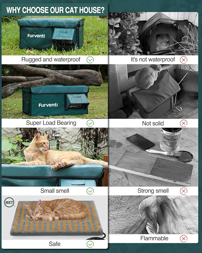 Heated Cat House for Outside with Dual Doors, Insulated Cat House Outdoor with Heating Pad, Weatherproof Heated Outdoor Cats Houses Weatherproof for Feral Cats (Deep Green, 25.5" L x 16" W x 13" H)