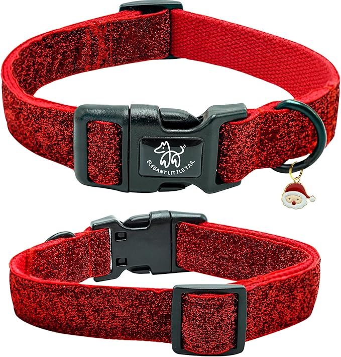 Elegant little tail Glittering Dog Collar, Christmas Cute Girl Boy Pet Collar Winter Red Bling Pet Collars with Durable Cotton Webbing Adjustable Dog Collars for Medium Dog