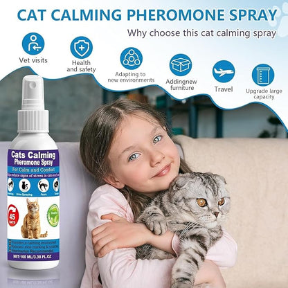 【𝐇𝐢𝐠𝐡𝐥𝐲 𝐄𝐟𝐟𝐞𝐜𝐭𝐢𝐯𝐞】Cat Calming Spray, 15% F3 Cat Pheromone Spray to Help Calm During Travel and Stress and Reduce Urine Spraying, Scratching, Excessive Grooming & Aggression 2*100mL