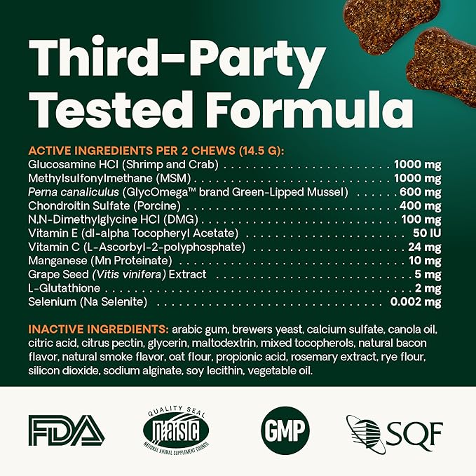VetriScience Ultimate Strength Healthy Hip & Joint Chews, GlycoFlex Glucosamine, Chondroitin and Green-Lipped Mussel Joint Support Supplement for Dogs, Soothe Joint Discomfort, Duck, 120 Count