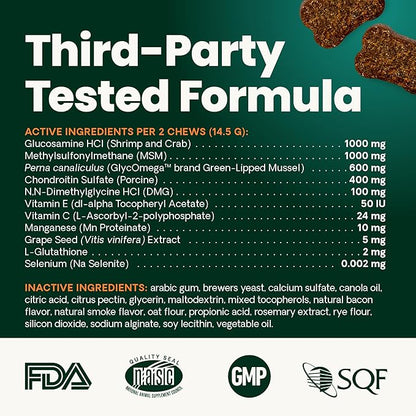 VetriScience Ultimate Strength Healthy Hip & Joint Chews, GlycoFlex Glucosamine, Chondroitin and Green-Lipped Mussel Joint Support Supplement for Dogs, Soothe Joint Discomfort, Duck, 120 Count