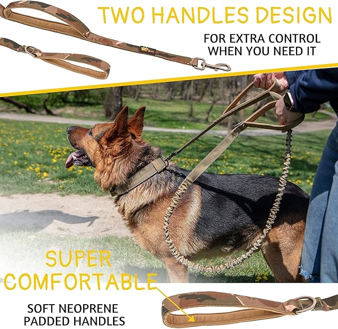 ADITYNA Tactical Bungee Dog Leash 6ft-7.5ft - Shock Absorbing Lead with 2 Padded Handles, Metal Clasp, Car Seatbelt - Heavy Duty No Pull for Medium, Large & XL Breeds