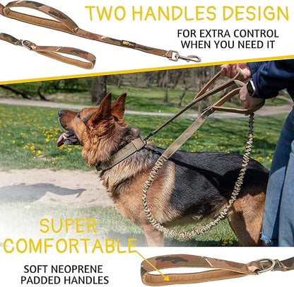 ADITYNA Tactical Bungee Dog Leash 6ft-7.5ft - Shock Absorbing Lead with 2 Padded Handles, Metal Clasp, Car Seatbelt - Heavy Duty No Pull for Medium, Large & XL Breeds