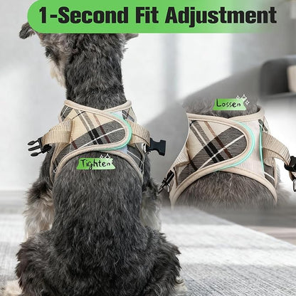 EXPAWLORER Plaid Small Dog Harness and Leash Set with AirTag Holder - Soft Padded Step in Dog Vest Harness Medium Sized Dog, No Pull Reflective Puppy Harness, Collar and Leash for Walking, Khaki L