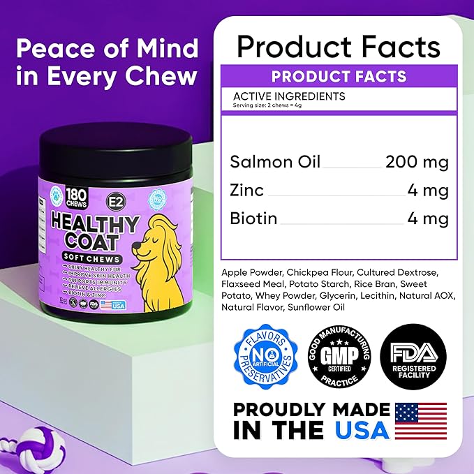 Omega 3 Fish Oil Chews for Dogs – Skin & Coat Supplement for Dog Allergy Chews- Anti Itch for Dogs - Soothes Itchy Skin & Shedding with Salmon - EPA & DHA - Chicken Flavor - 180 Chews for Daily Care