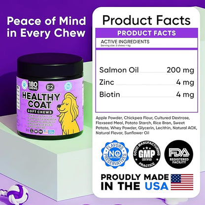 Omega 3 Fish Oil Chews for Dogs – Skin & Coat Supplement for Dog Allergy Chews- Anti Itch for Dogs - Soothes Itchy Skin & Shedding with Salmon - EPA & DHA - Chicken Flavor - 180 Chews for Daily Care