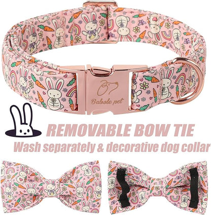 Easter Dog Collar with Bow Tie - Pink Easter Bunny Bowtie Dog Collar Adjustable Heavy Duty Spring Easter Dog Collars for Small Medium Large Dogs L