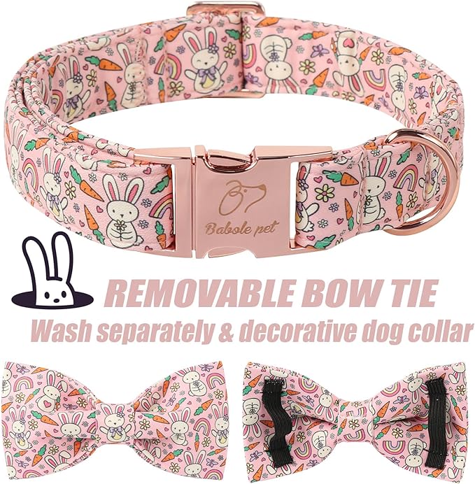Easter Dog Collar with Bow Tie - Bunny Pattern Pink Bowtie Adjustable Heavy Duty Spring Collar for Small Medium Large Dogs XL
