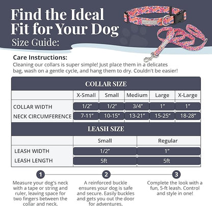 Lucky Love Dog - Easy Click Buckle Dog Collar with Leash Set Combo, Durable & Comfortable for Male & Female Dogs, Pet Collar for Small Dogs, Secure Fit - Floral Rosie Combo, Small