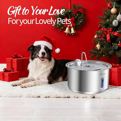 Petsamuse Dog Water Fountain, 11L/2.8Gal Quiet Dog Fountain Water Bowl with Visible Window Stainless Steel Dog Water Fountain with 2 Spray Modes and 15 Fliters for Large Medium Small Dogs Pets