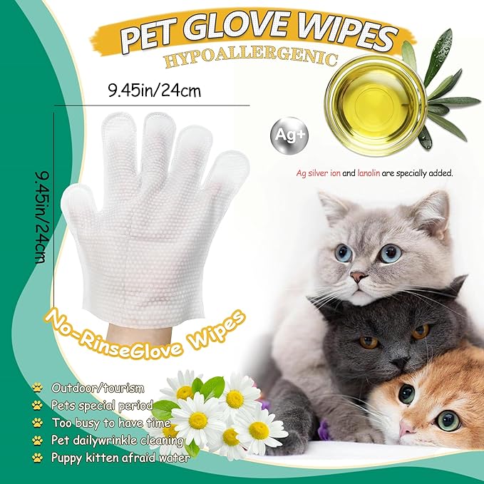 CHPPEY 20PCS Pet Cleaning and Deodorizing Grooming Glove Wipes for Dogs and Cats, Extra Thick Nourish Fur No-Rinse Grooming Wipes for Daily Care and Travel, Hypoallergenic