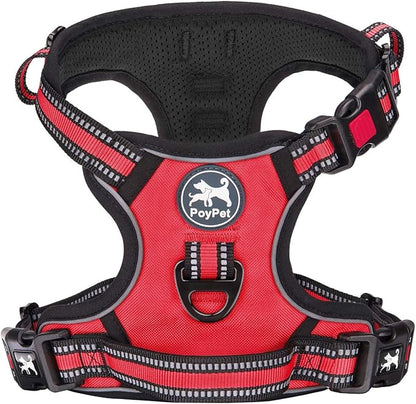 PoyPet No Pull Dog Harness, [Release on Neck] Reflective Adjustable No Choke Pet Vest with Front & Back 2 Leash Attachments, Soft Control Training Handle for Small Medium Large Dogs(Red,L)