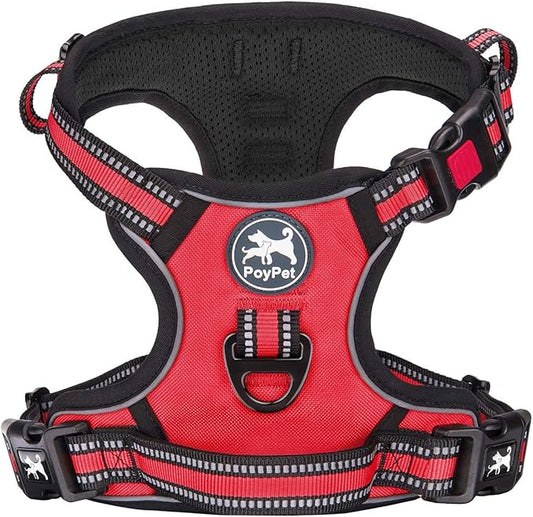 PoyPet No Pull Dog Harness, [Release on Neck] Reflective Adjustable No Choke Pet Vest with Front & Back 2 Leash Attachments, Soft Control Training Handle for Small Medium Large Dogs(Red,L)