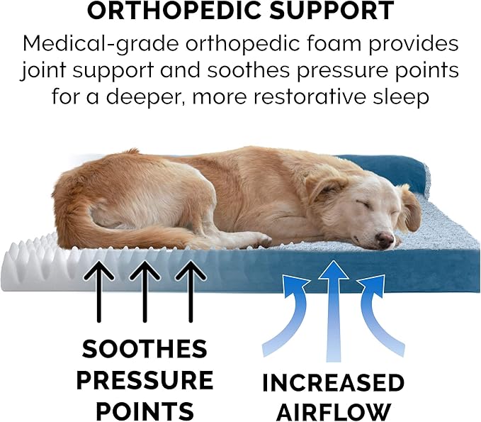 Furhaven Orthopedic Dog Bed for Large/Medium Dogs w/ Removable Bolsters & Washable Cover, For Dogs Up to 55 lbs - Two-Tone Plush Faux Fur & Suede L Shaped Chaise - Marine Blue, Large