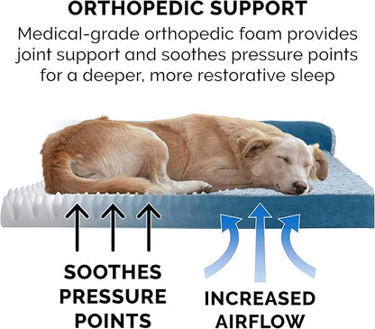 FurHaven Orthopedic Dog Bed for Large Dogs, L-Shaped Chaise Sofa with Orthopedic Egg Crate with a Solid Orthopedic Foam Base for Joint Support, Washable Cover, Jumbo XL, Faux Fur & Suede, Marine Blue