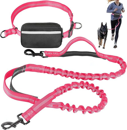 Hands Free Dog Leash with Waist Belt – No-Pull Bungee, Dual Padded Handles & Zipper Pouch for Running, Walking & Training – Adjustable Waist Leash for Large & Medium Dogs (Pink)