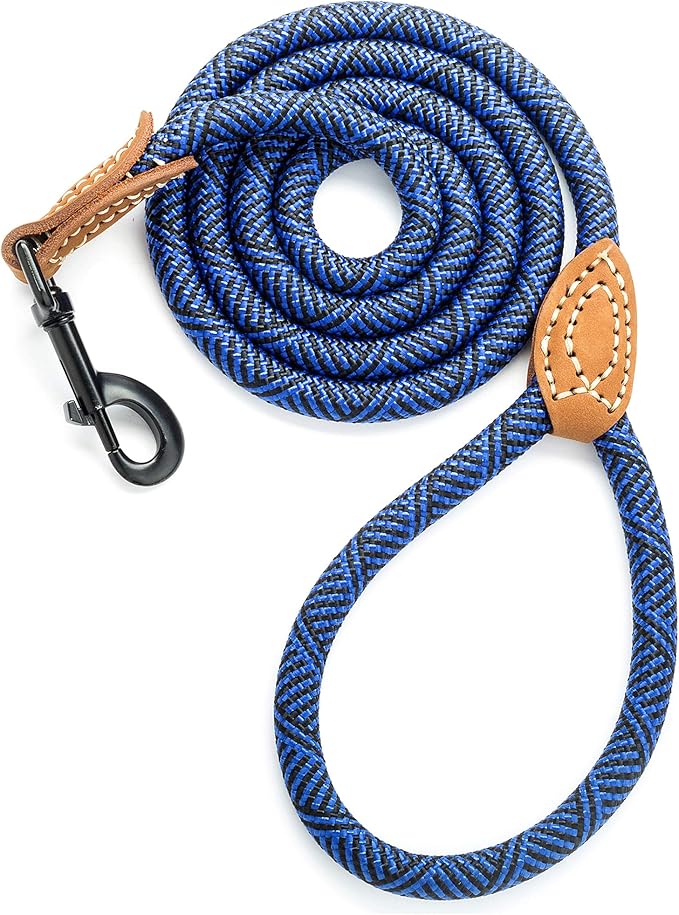 Mile High Life Rope Leash with Genuine Leather Connection, 6 FT/5 FT/4 FT, Heavy Duty Leash for Medium & Large Dogs (Blue, 60 Inch)