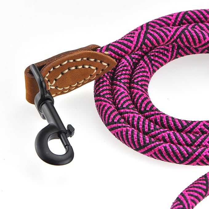 Mile High Life Rope Leash with Genuine Leather Connection, 6 FT/5 FT/4 FT, Heavy Duty Leash for Medium & Large Dogs (Hot Pink, 48 Inch)