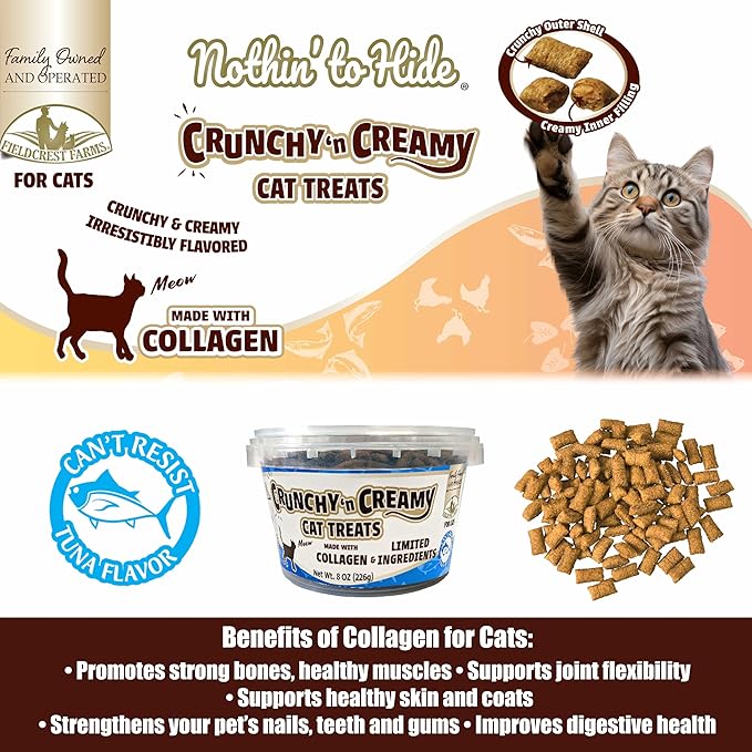 Fieldcrest Farms Nothin’ to Hide Collagen Cat Treats – Crunchy & Creamy Cat Snacks, High-Protein Healthy Treats for Skin, Coat & Joint Support, Tuna Flavor, 8 oz. Resealable Tub (Pack of 3)