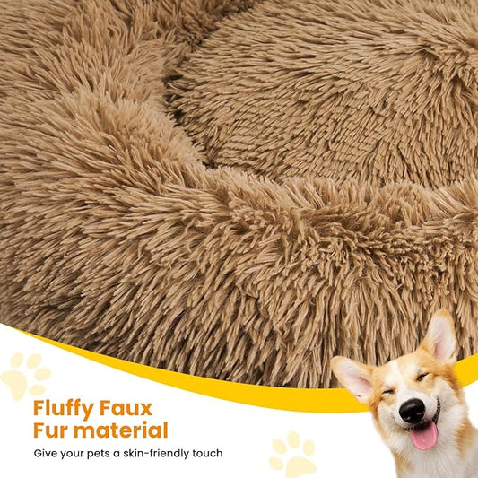 URGVANZ PET Calming Dog Beds for Large Dogs, Faux Fur Donut Cuddler Dog Bed, Round Fluffy Pillow, Washable Pet Bed for Dogs Up to 80Lbs, 36inch