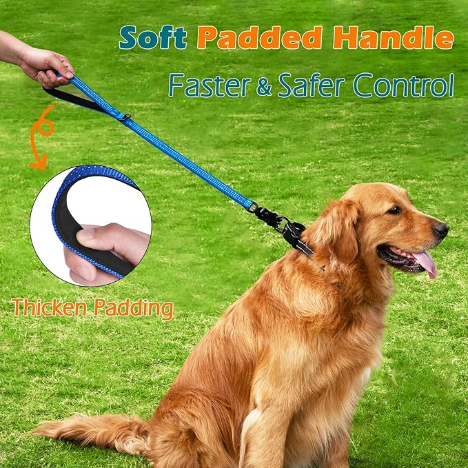 PetBonus Heavy Duty Short Dog Leash, 24 Inch Nylon Traffic Leash with Quick Release Clip, Comfortable Padded Handle, Reflective Training Lead for Medium Large Dogs (Dark Blue, 24")