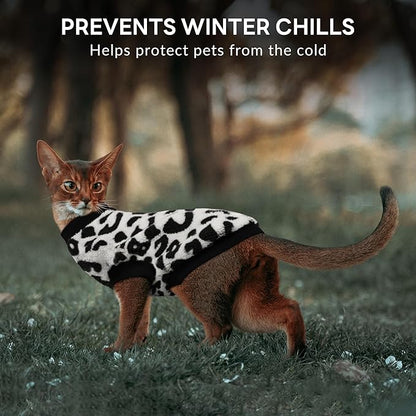 PUMYPOREITY Cozy Fleece Cat Sweater - Stretchy & Warm Knitted Cat Shirt, Super Soft Kitten Sweater, Machine Washable Pet Clothing for Comfort & Style, Black Leopard, XS