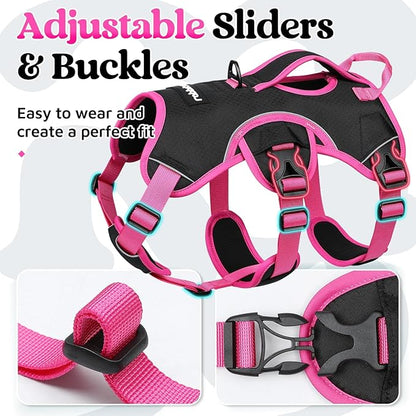 rabbitgoo Escape Proof Dog Harness Medium, Soft Padded Full Body Pet Harness, Reflective Adjustable No Pull Vest with Lift Handle and Leash Clip for Walking Hiking Training, Pink & Black, M