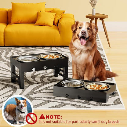 LAKIPETN Elevated Dog Bowls with 2 Stainless Steel Bowls, Raised Dog Food Bowl Stand 5 Height Adjustable (3.1", 9", 10", 11", 12") Non-Slip Feeder Station Set for Medium and Large Dogs - Black