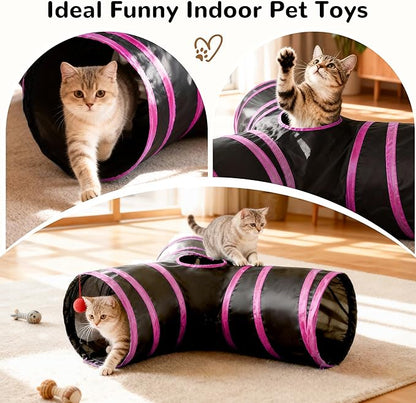 Tempcore Pet Tube Toys 3 Way Collapsible, Cat Tunnels for Indoor Cats，Kitty Bored Pet Toys with Peek Hole & Ball Cat, Puppy, Kitty, Kitten, Rabbit, Rose Red