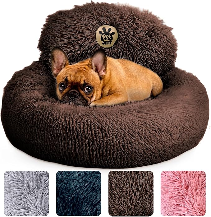 PetJett Calming Dog Bed for Small Dogs – 23" Donut Dog Beds, Anti-Slip & Washable Fluffy Plush Faux Fur Pet Bed, Anti-Anxiety Premium Comfort Round Puppy Bed, Fits Dogs up to 25 lbs – Brown