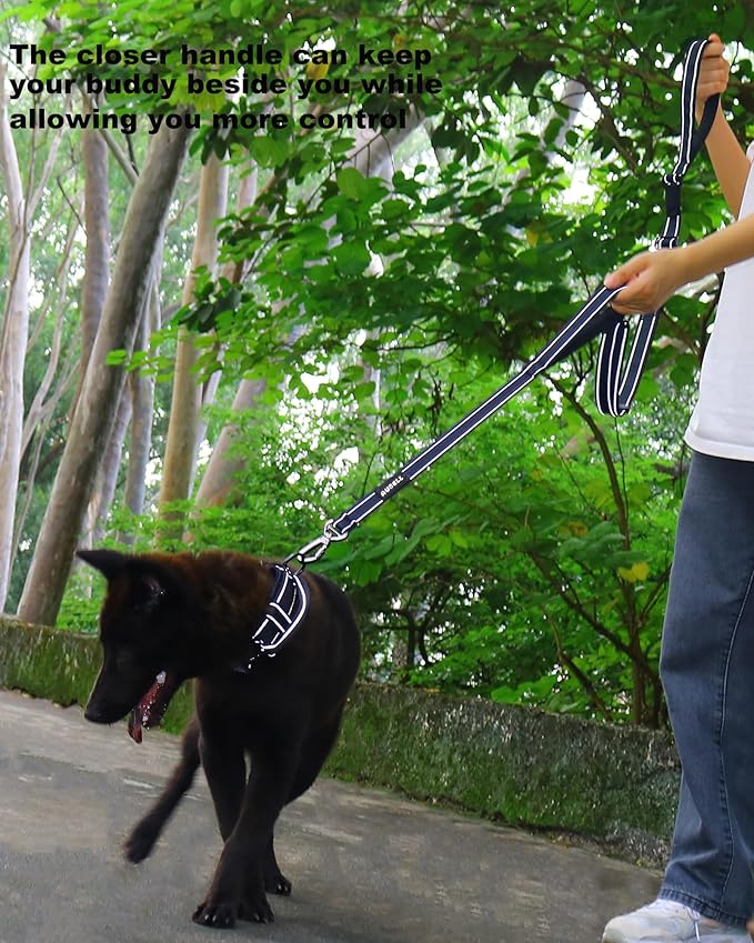 AUBELL Double Handle Tactical Dog Leash Heavy Duty for Small and Medium Large Dogs,Reflective Adjustable Nylon Leash That Pull with Car Seatbelt for Training,4.5-6FT,Black