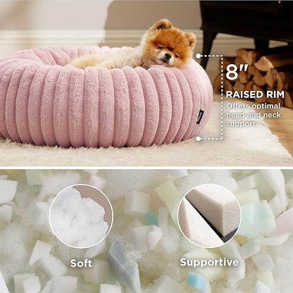 Bedsure ComfyFleece Donut Small Dog Bed - Dog Beds for Small Dogs with Corduroy Fleece & Anti Slip Bottom, Round Faux Fur Pet Beds with Washable Removable Cover, Blush Pink, 23x23x7 inches