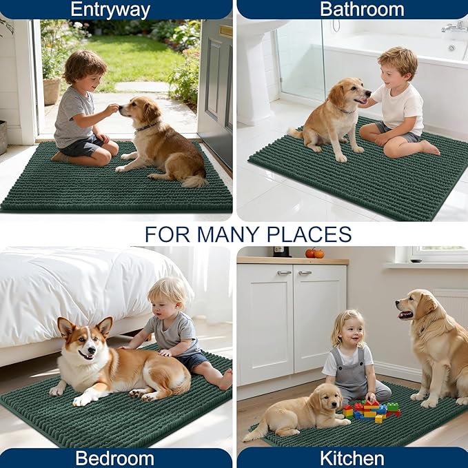 OLANLY Dog Door Mat for Muddy Paws 30x20, Ultra Absorbent Chenille Mud Doormat, Non-Slip Washable and Dirt Trapping Doormat for Indoor Entryway, Quick-Dry Indoor Pet Bed Mats for Dogs, Blackish Green