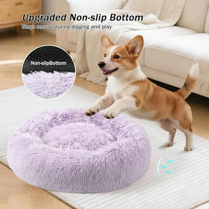 NOYAL Calming Donut Dog Bed for Small to Medium Dogs & Cats - Plush Faux Fur Anti-Anxiety Pet Bed with Machine Washable Cover & Non-Slip Base