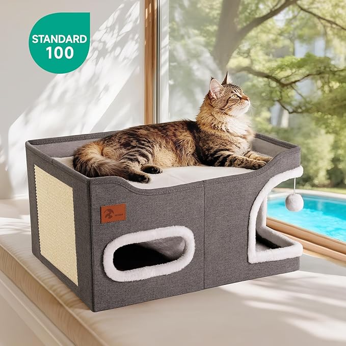 Petizer Cat House for Indoor Cats - Foldable Large Cat Bed Cave with Fluffy Ball and Scratch Pad, Cat Hideaway for Cats, Dark Grey, 23.8 x16.34 x12.8inch (Can Add Pet Heating Pad)