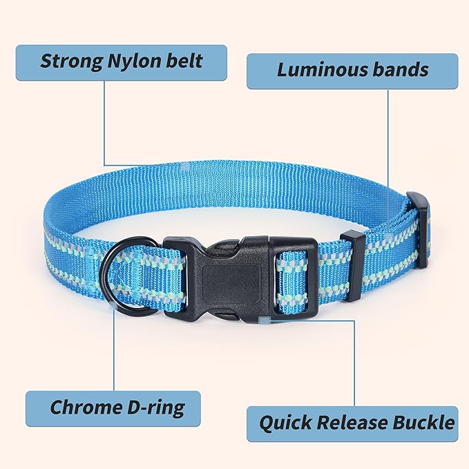 Mile High Life Reflective Dog Collar, Basic Dog Collars Adjustable Quick Release, Soft Nylon Pet Collar with Metal D-Ring for Small Medium Large Dogs (Hot Blue, S Neck11-15")